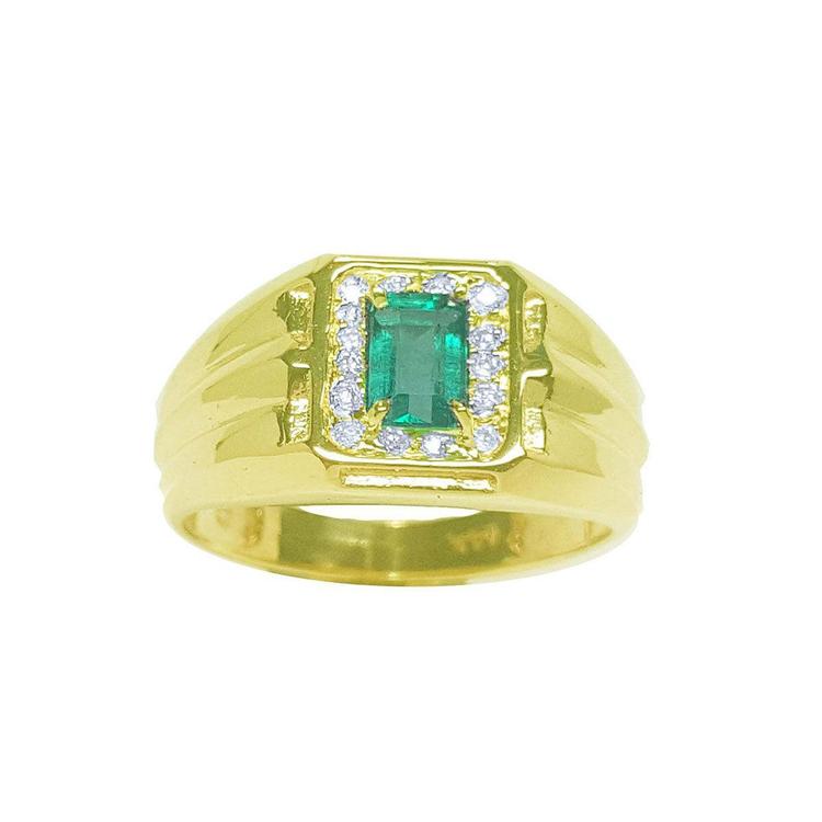 Gold ring for men with a natural emerald and diamonds accent on topside profile display.