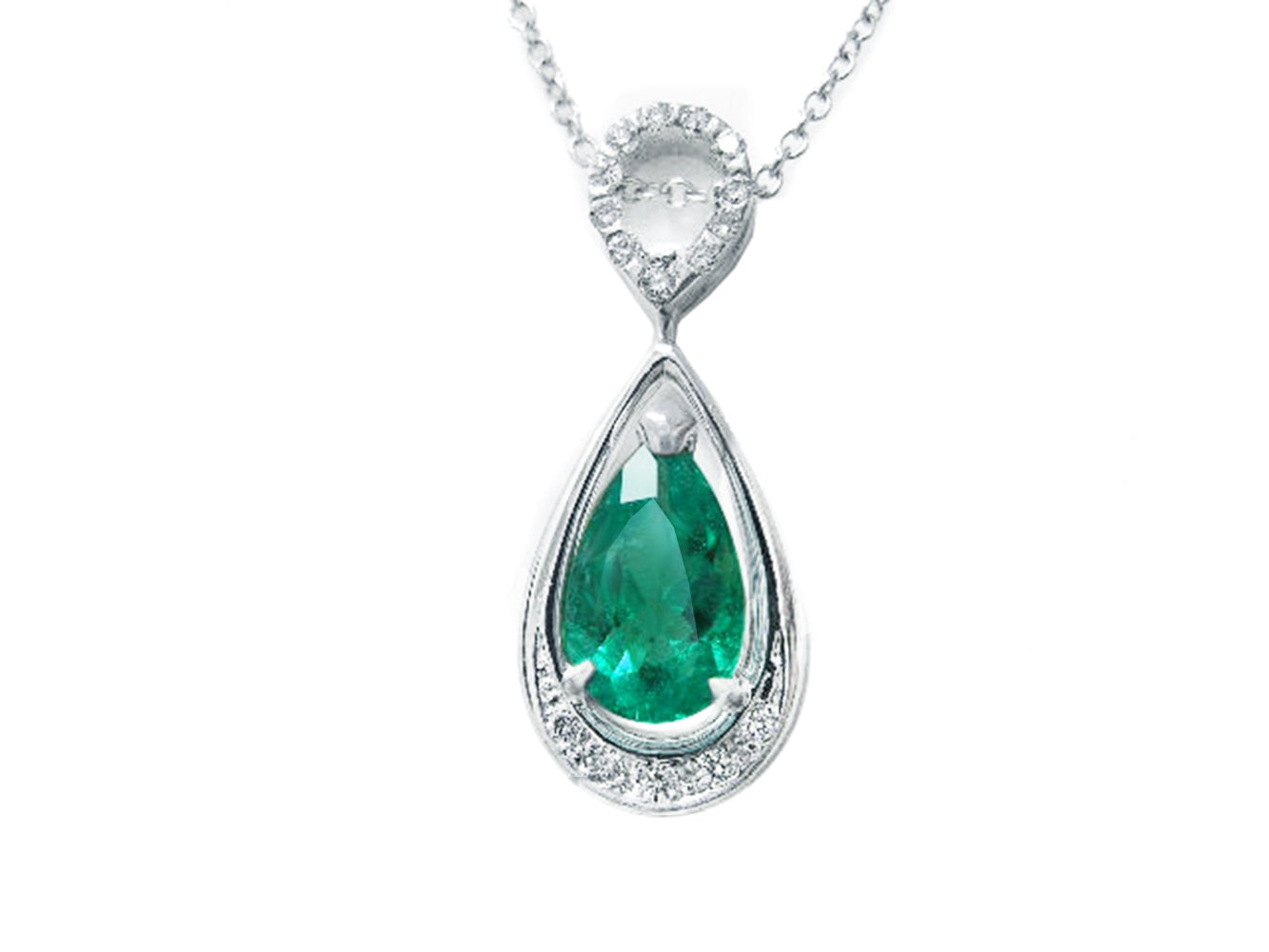 Teardrop-shaped emerald pendant on a white background.