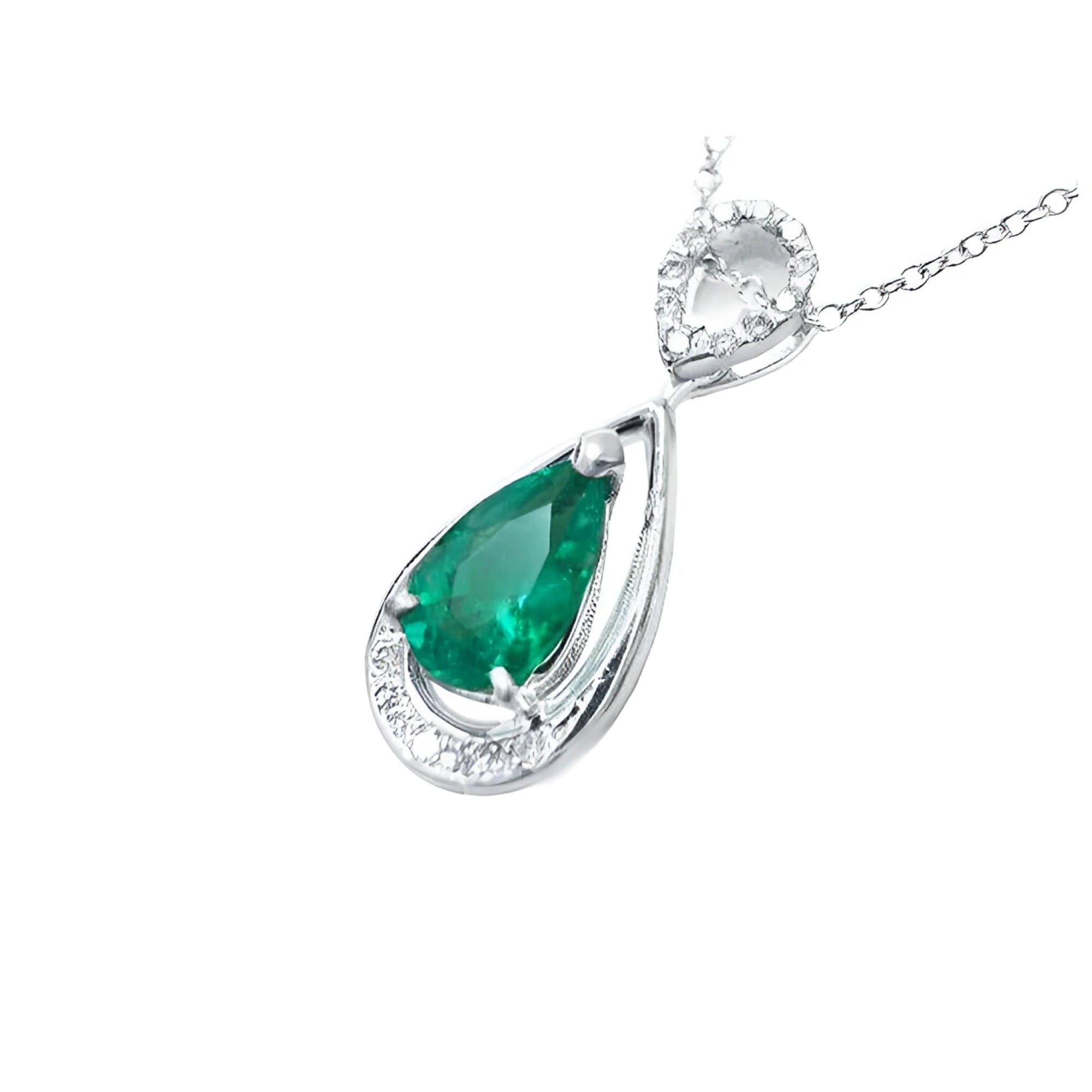 1.35 ct. natural pear-shaped emerald pendant in 14K white gold with diamond accents.