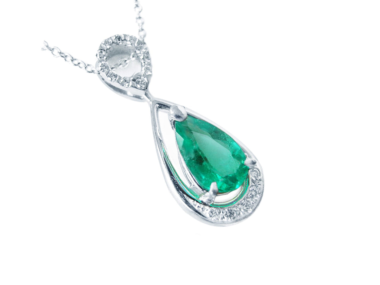 A 14k white gold necklace with a teardrop natural colombian emerald pendant on a white background.