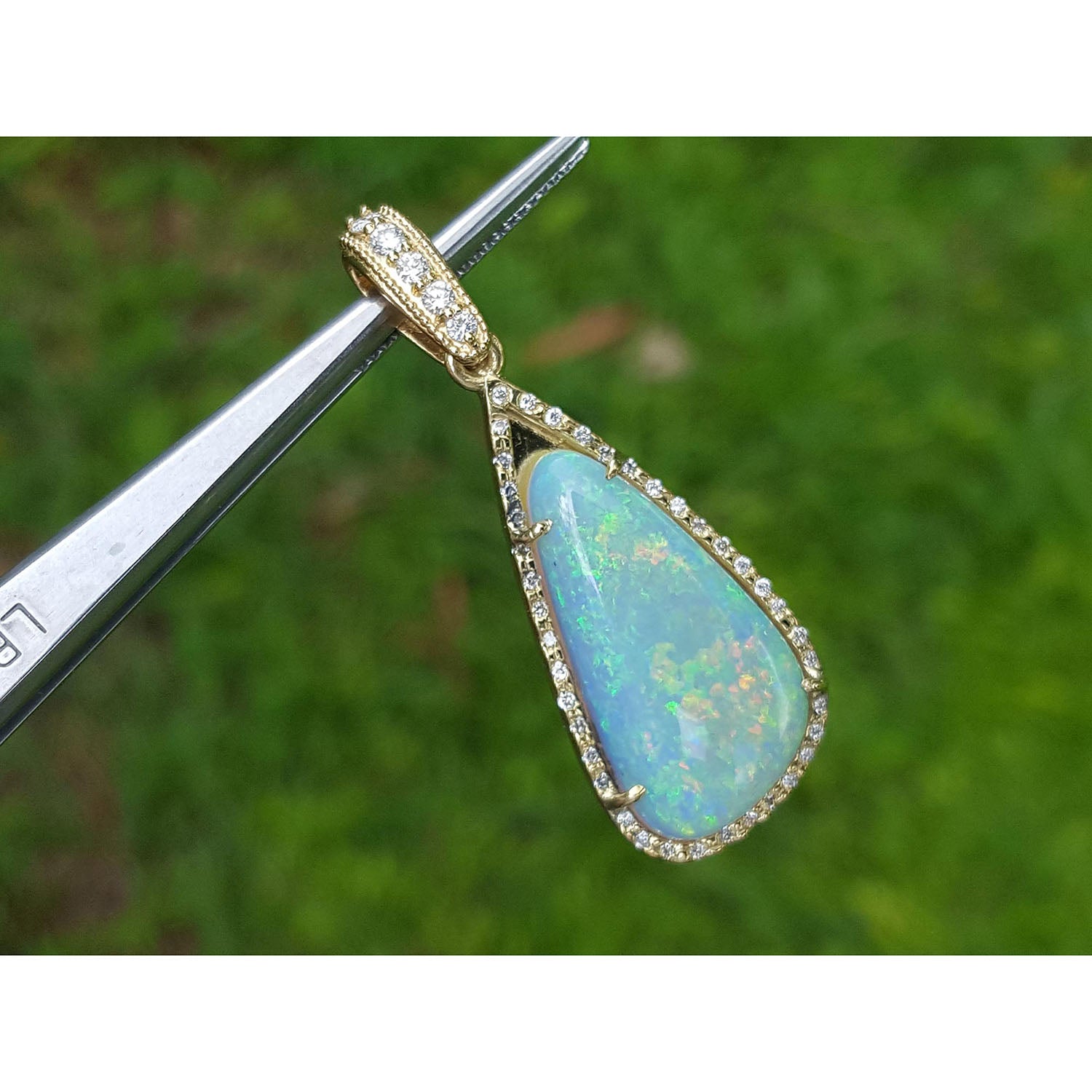 Opal pendant with gold frame held by tweezers against a blurred green background.