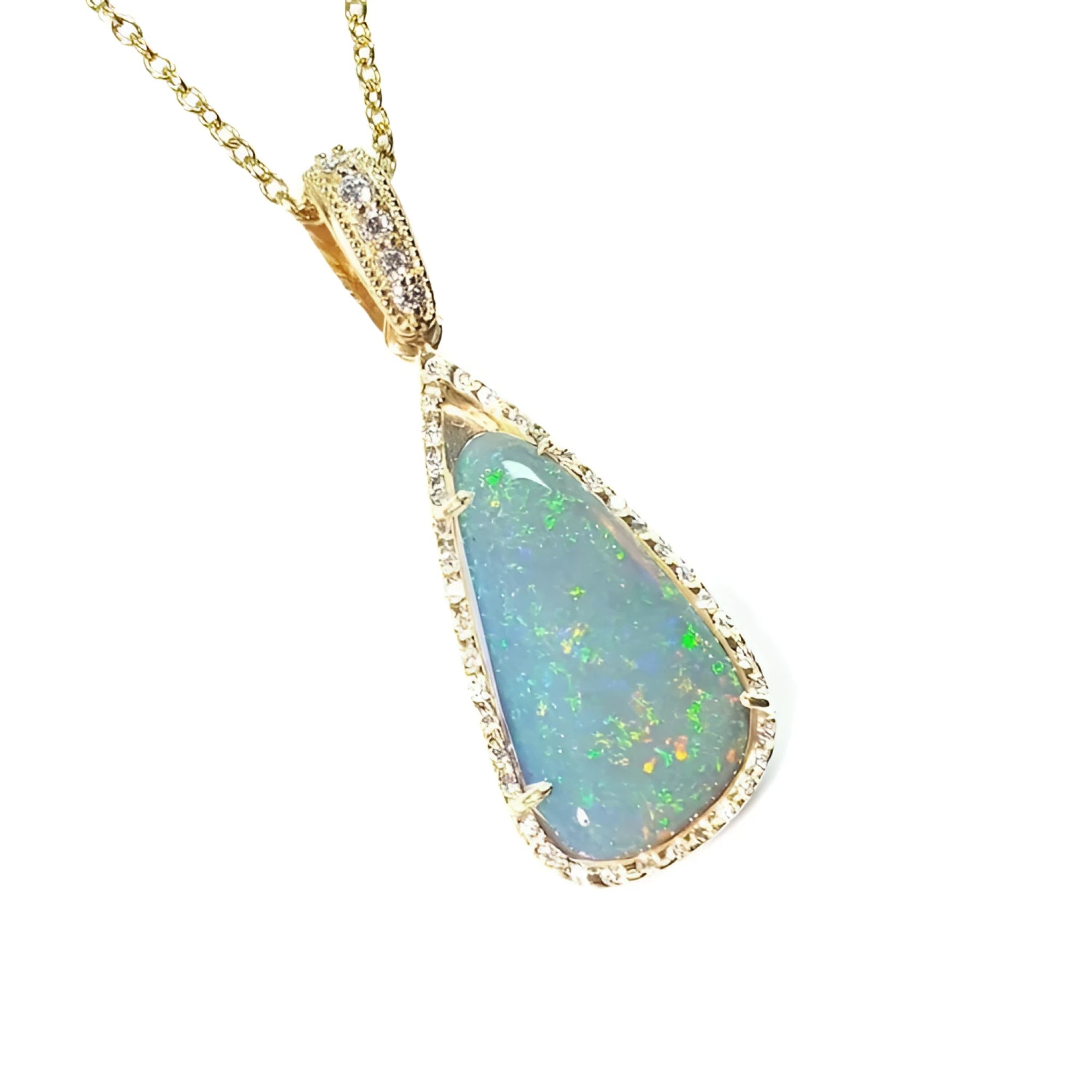 8.05 ct pear-shaped Australian opal pendant with bluish-green play of color, halo diamonds, and 18K yellow gold chain.