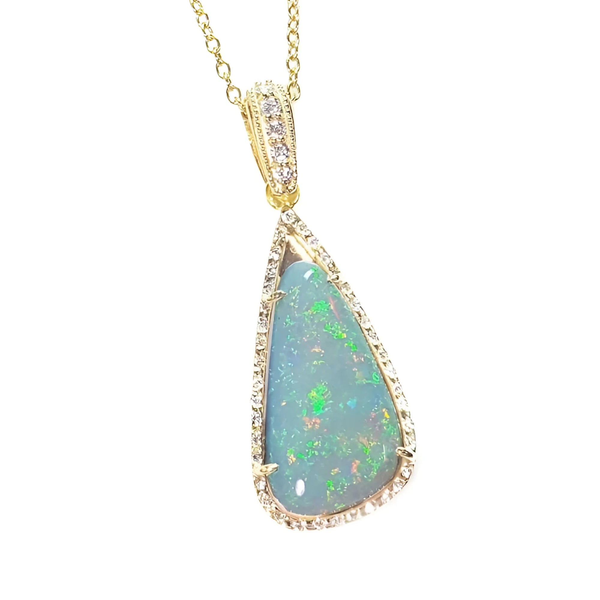 8.05 ct. pear-shaped Australian opal pendant with bluish-green play of color, halo diamonds, and 18K yellow gold chain.
