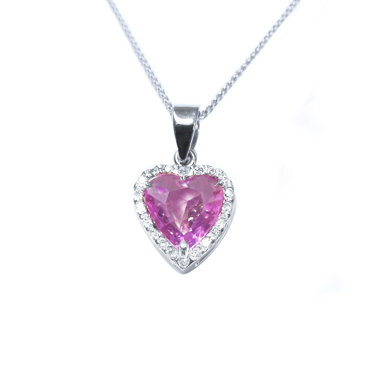 2.36 ct. Natural Pink Sapphire Heart Pendant Halo Diamonds 18K White Gold