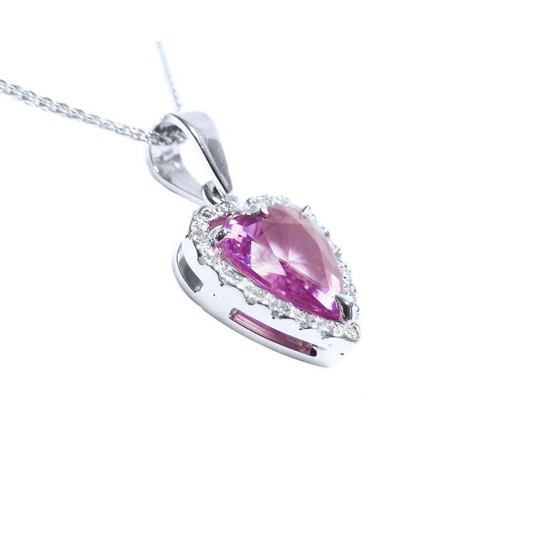 Right side profile of a natural pink sapphire heart pendant halo diamonds 18k white gold underside gallery view