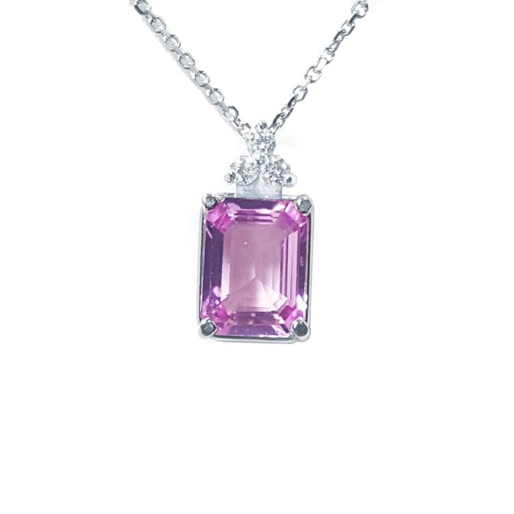 Front side top full view of a natural pink sapphire necklace emerald cut 2.01 carats 14k white gold.