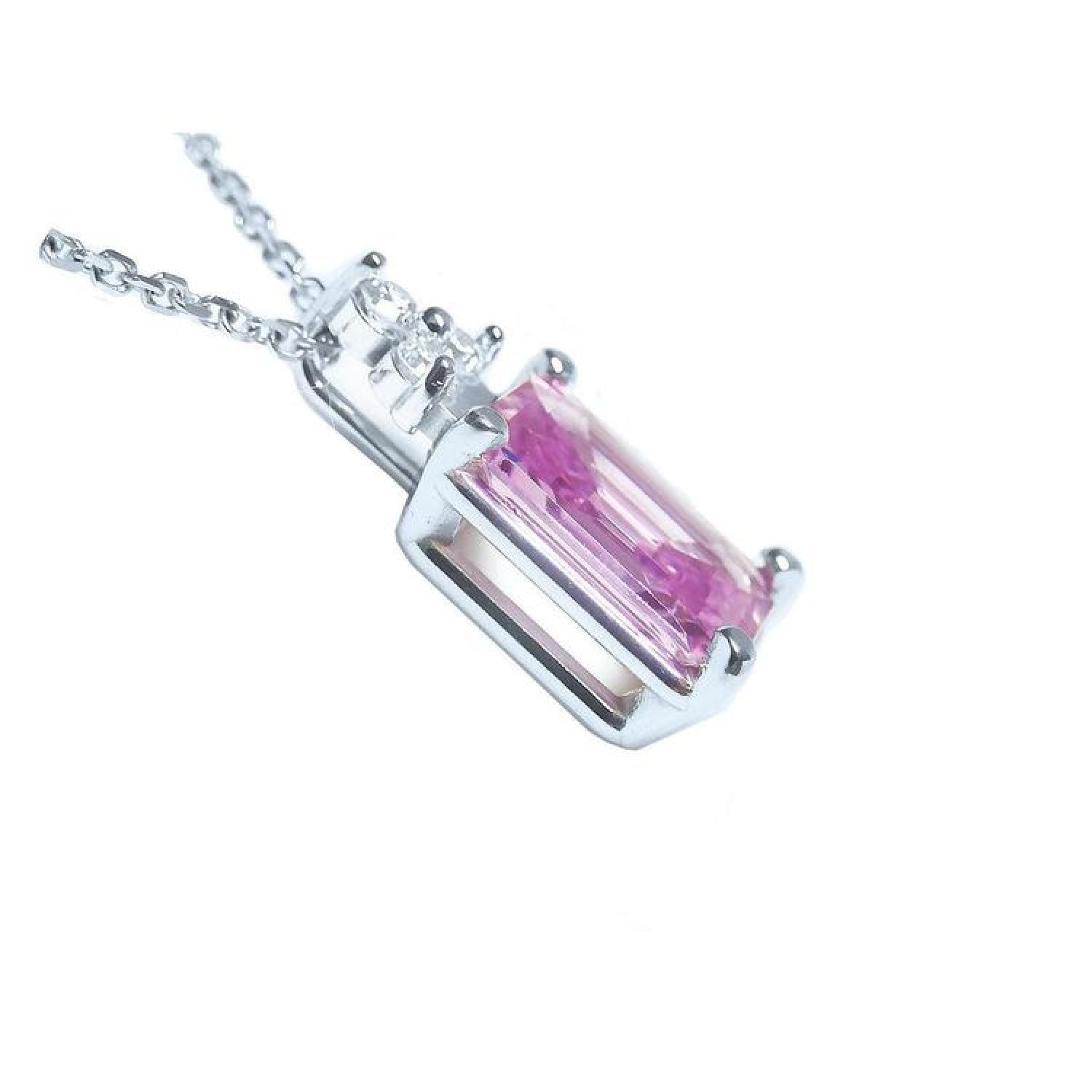 2.01 ct. natural pink sapphire emerald cut necklace in 14K white gold with diamond accents.