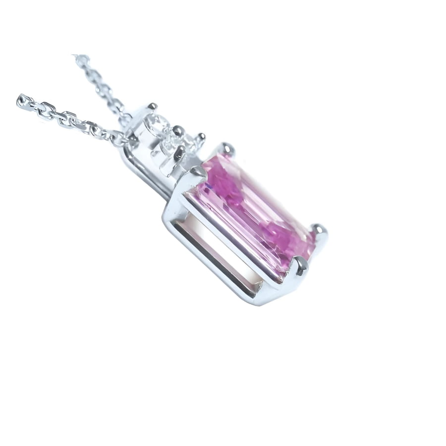 2.01 ct. natural pink sapphire emerald cut necklace in 14K white gold with diamond accents.