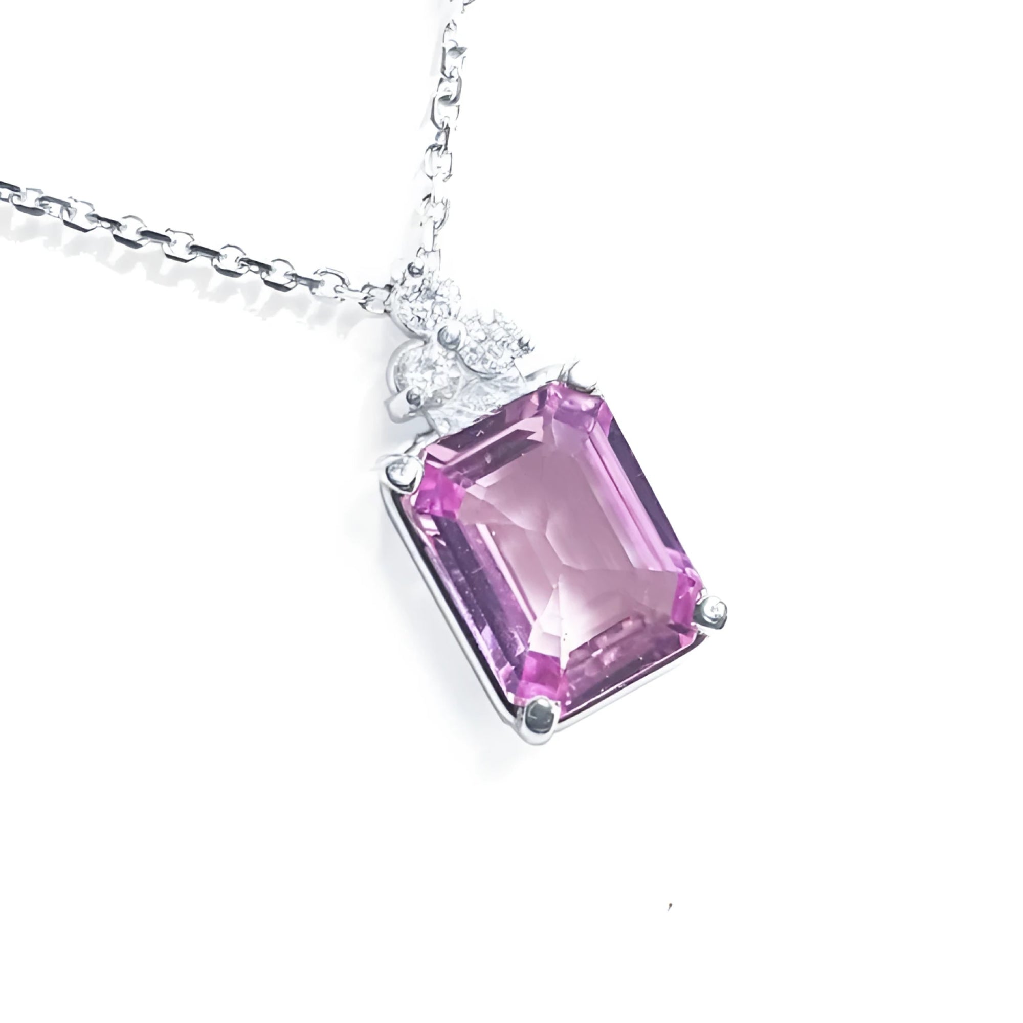 Natural pink sapphire necklace emerald cut 2.01 carats medium light color, eye clean and very brilliante, set in 14k white gold.