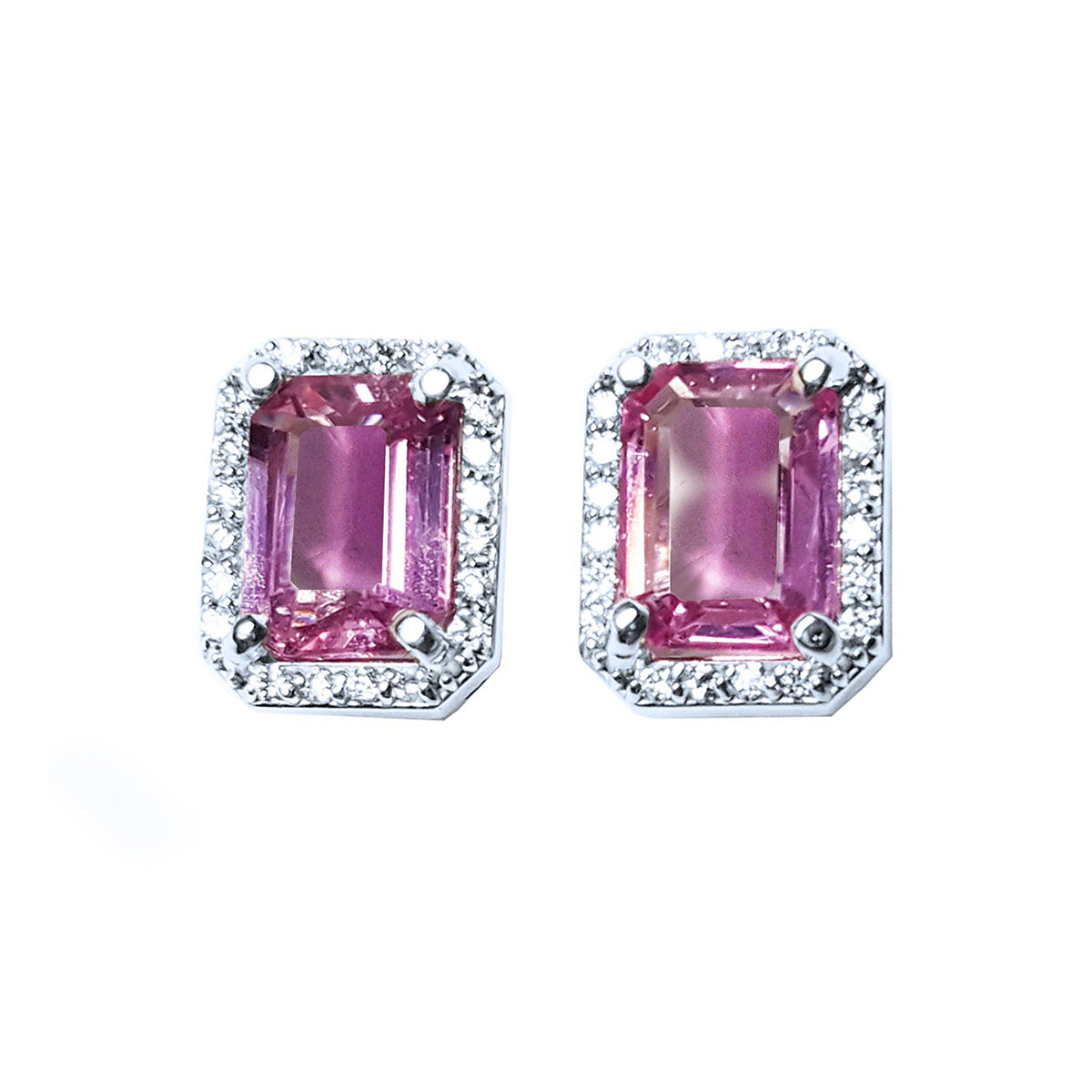 1.85 ct. Natural Pink Sapphire Stud Earrings Halo Diamonds 14K White Gold Push Backs