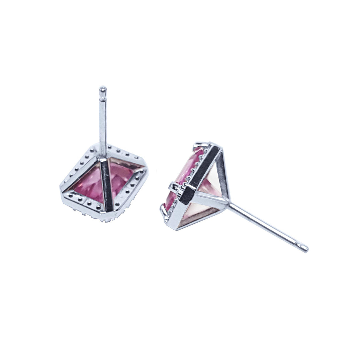 1.85 ct. Natural Pink Sapphire Stud Earrings Halo Diamonds 14K White Gold Push Backs