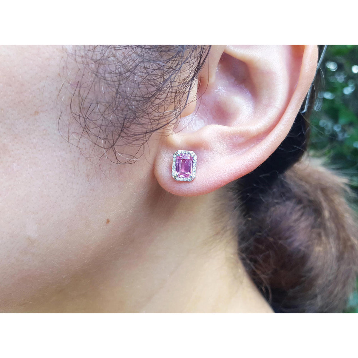 1.85 ct. Natural Pink Sapphire Stud Earrings Halo Diamonds 14K White Gold Push Backs