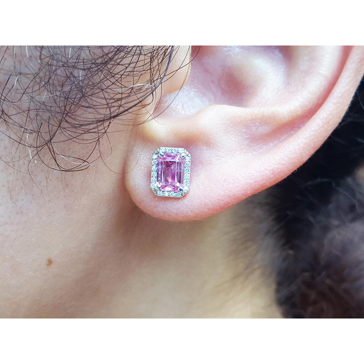 1.85 ct. Natural Pink Sapphire Stud Earrings Halo Diamonds 14K White Gold Push Backs