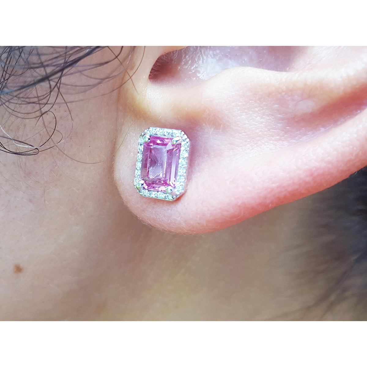 1.85 ct. Natural Pink Sapphire Stud Earrings Halo Diamonds 14K White Gold Push Backs