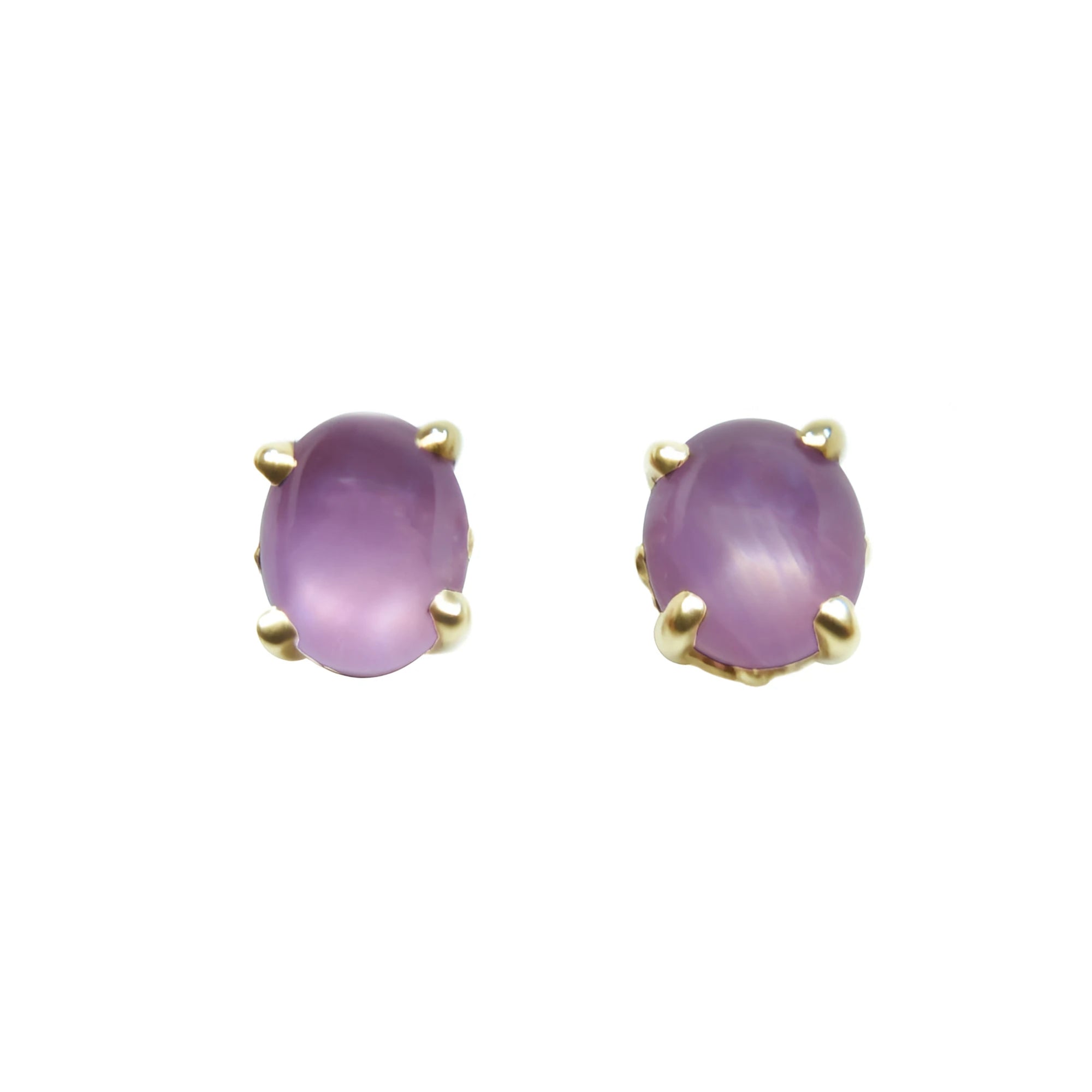 Natural pink sapphire cabochon oval cut stud earrings, prong set sparkling medium pink color, push backs, crafted in 14k gold. 