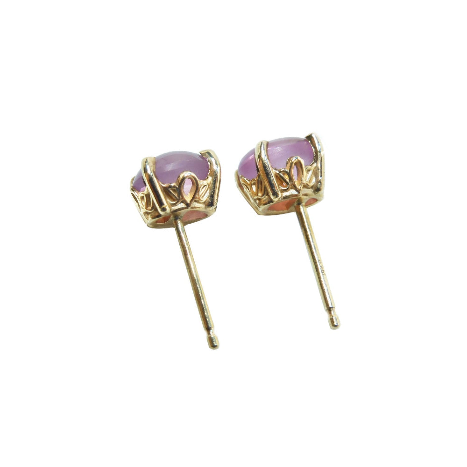 Gold earrings with natural cabochon pink sapphires gemstones made of 14k yellow gold scroll design, push backs.