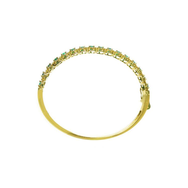 14K gold bangle bracelet with round cut bluish-green emeralds in square links with rope borders.