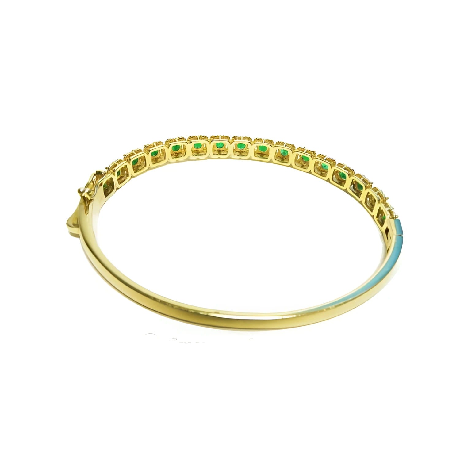 14K gold bangle bracelet with round brilliant cut bluish-green emeralds in square links with rope borders.