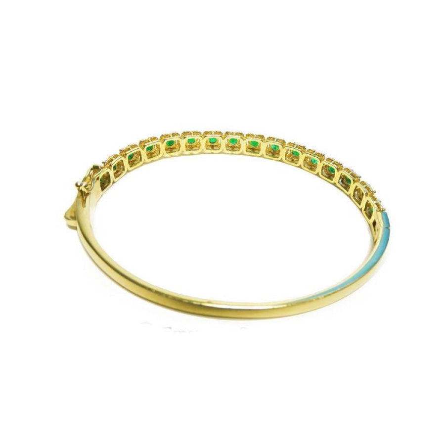 14K gold bangle bracelet with round brilliant cut bluish-green emeralds in square links with rope borders.