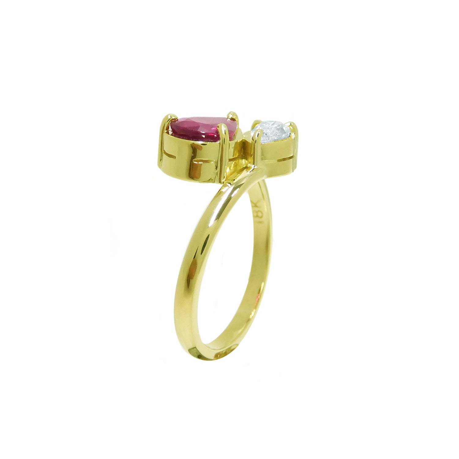 Natural You and Me Ruby Diamond Ring 18K Gold This two stone features a 1.02 ct Burma accentuated by teardrop side