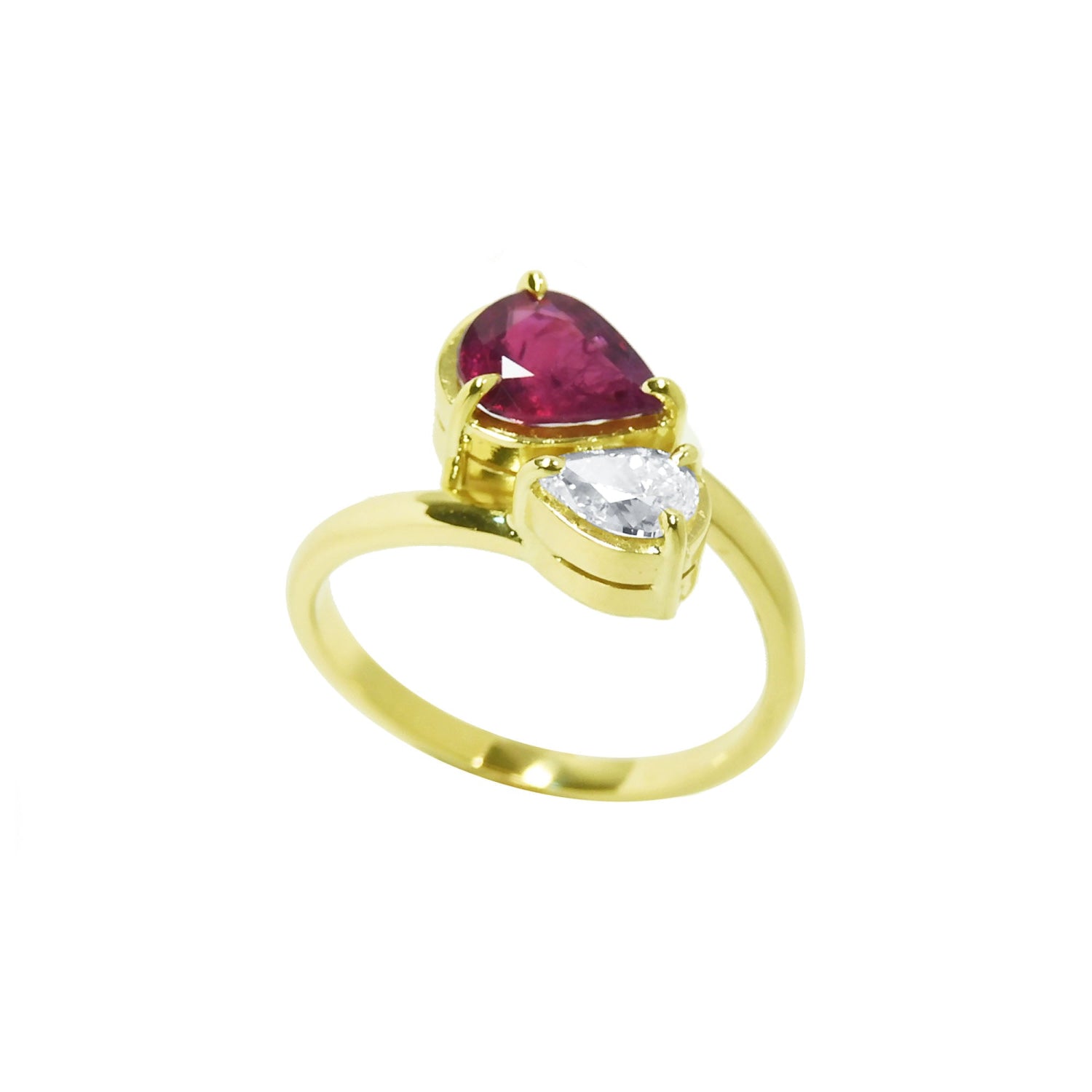 Natural You and Me Ruby Diamond Ring 18K Gold This two stone features a 1.02 ct Burma accentuated by teardrop side