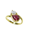 Natural You and Me Ruby Diamond Ring 18K Gold This two stone features a 1.02 ct Burma accentuated by teardrop side