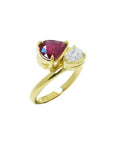 Natural You and Me Ruby Diamond Ring 18K Gold This two stone features a 1.02 ct Burma accentuated by teardrop side