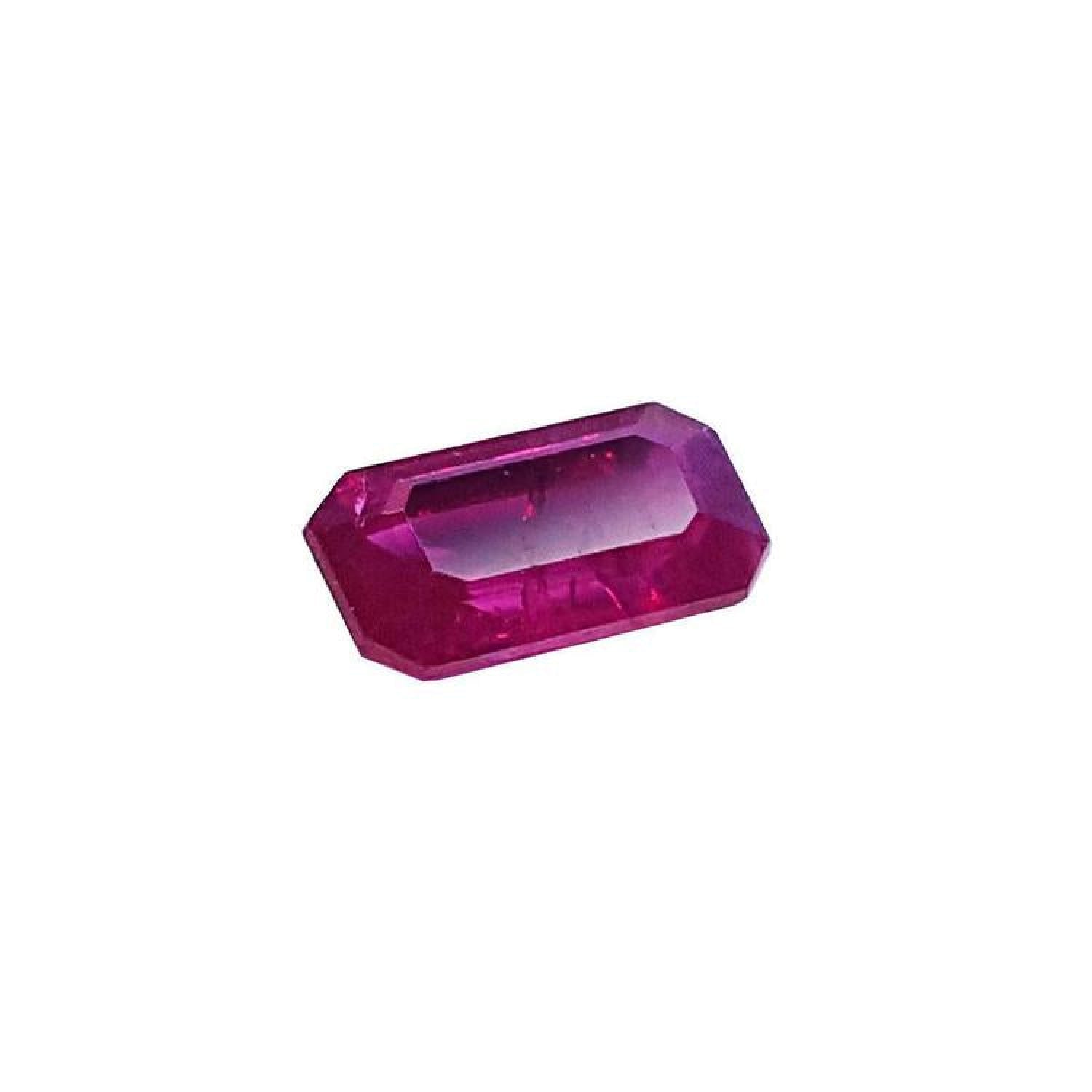 1.11 carat natural ruby gemstone, emerald cut, with deep pinkish-red color.