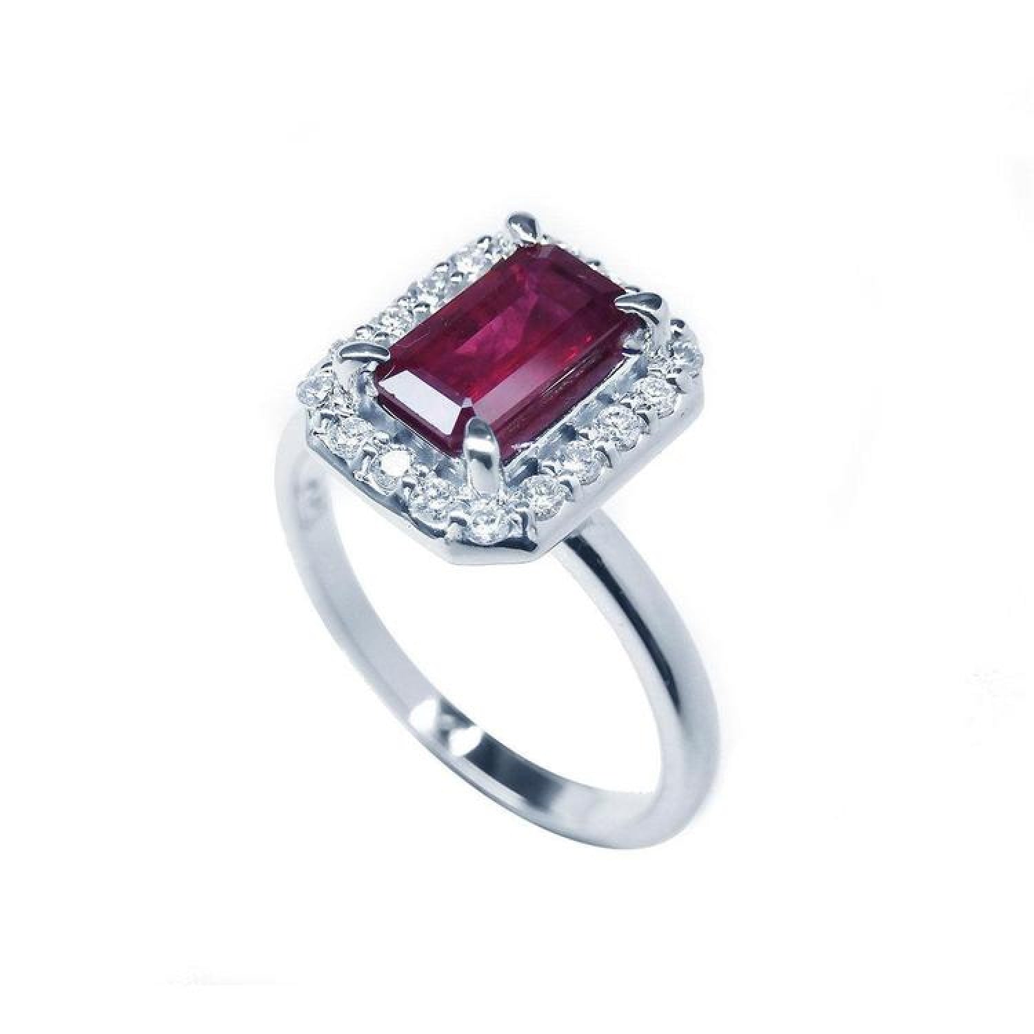 Women's 14K white gold ring with an emerald-cut deep red ruby and diamond halo.