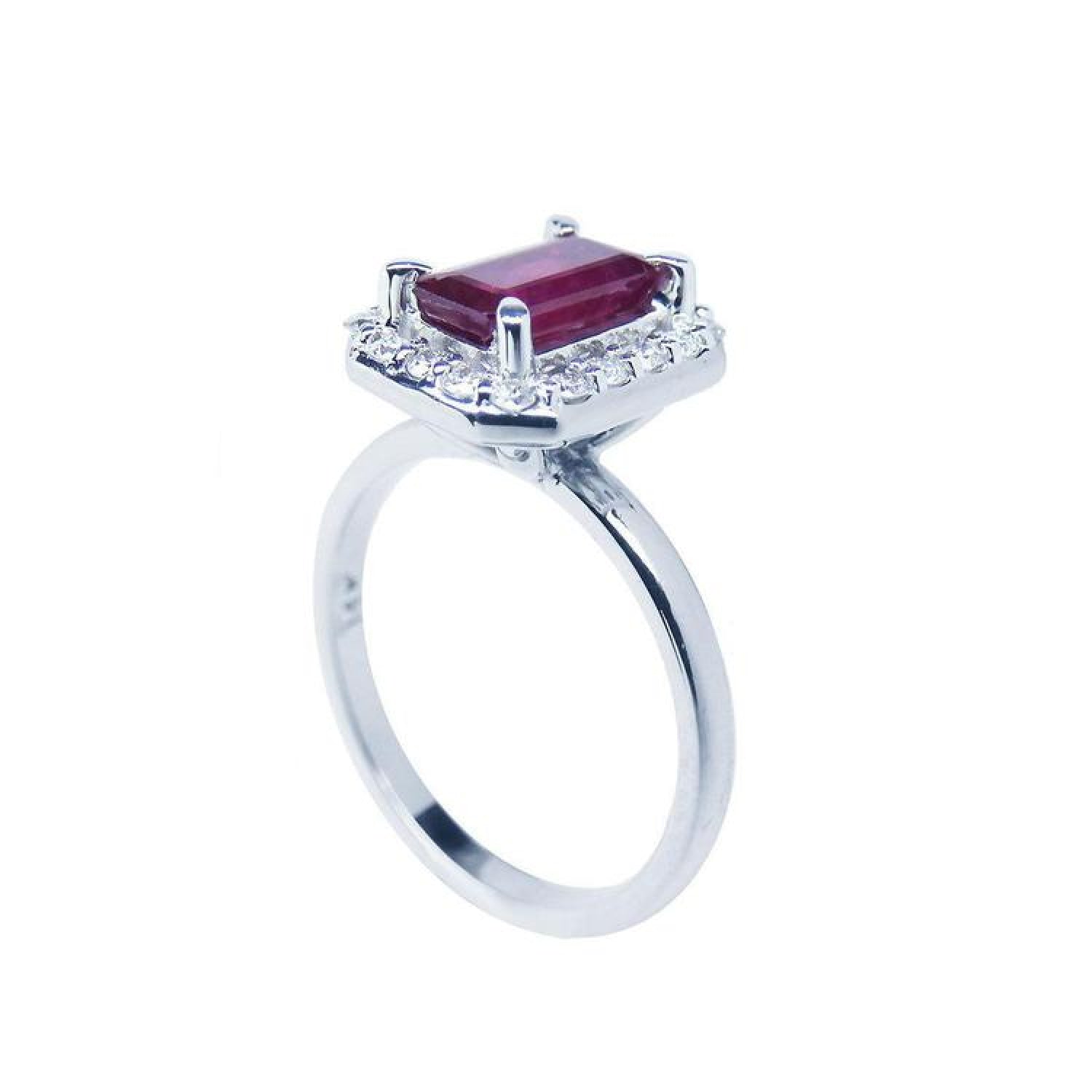 14K white gold ring with emerald-cut deep red ruby and diamond halo.
