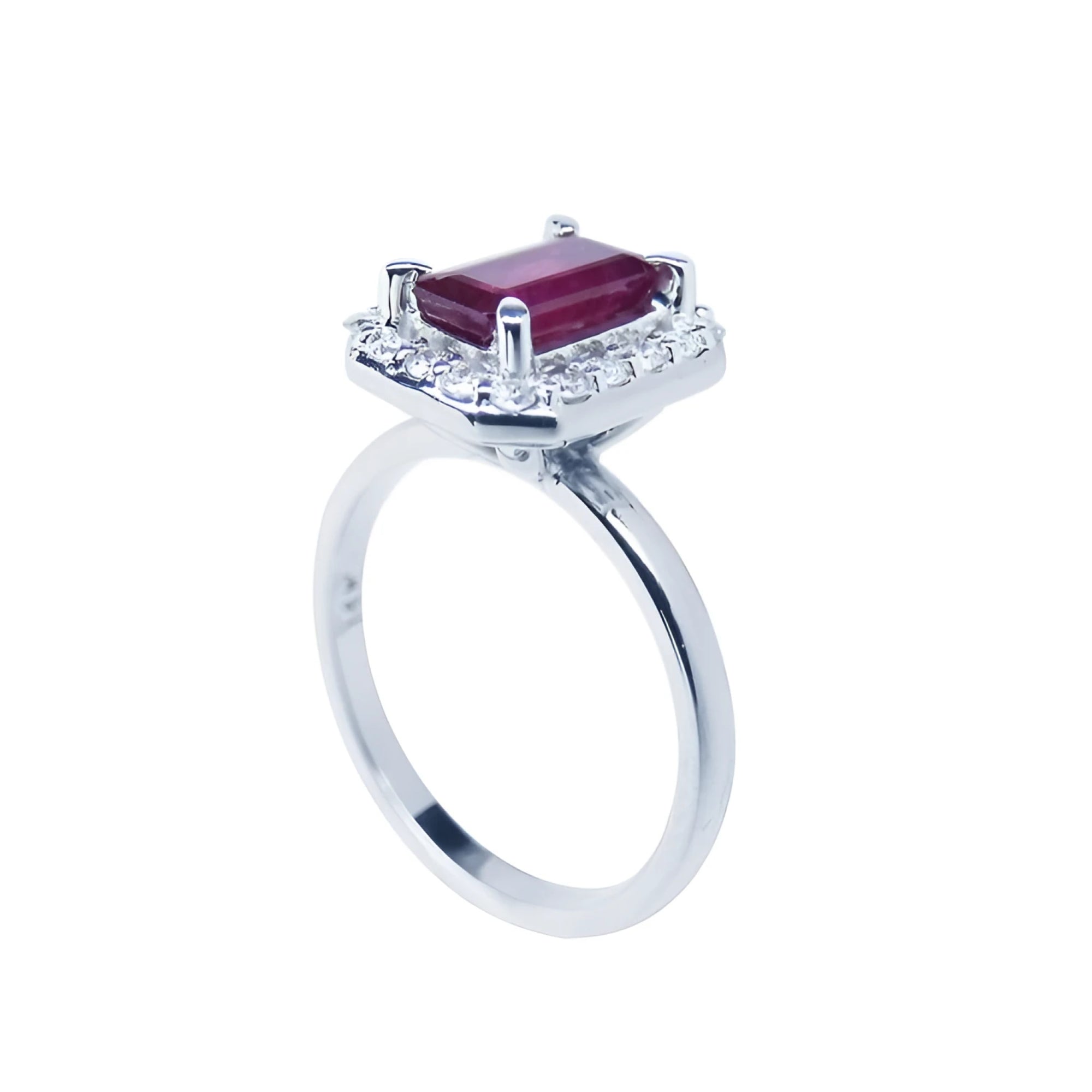 14K white gold ring with emerald-cut deep red ruby and diamond halo.