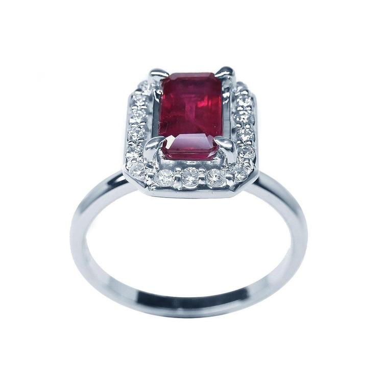 Natural ruby ring for women emerald cut halo diamond, front tall view visibles table and crown's gemstone