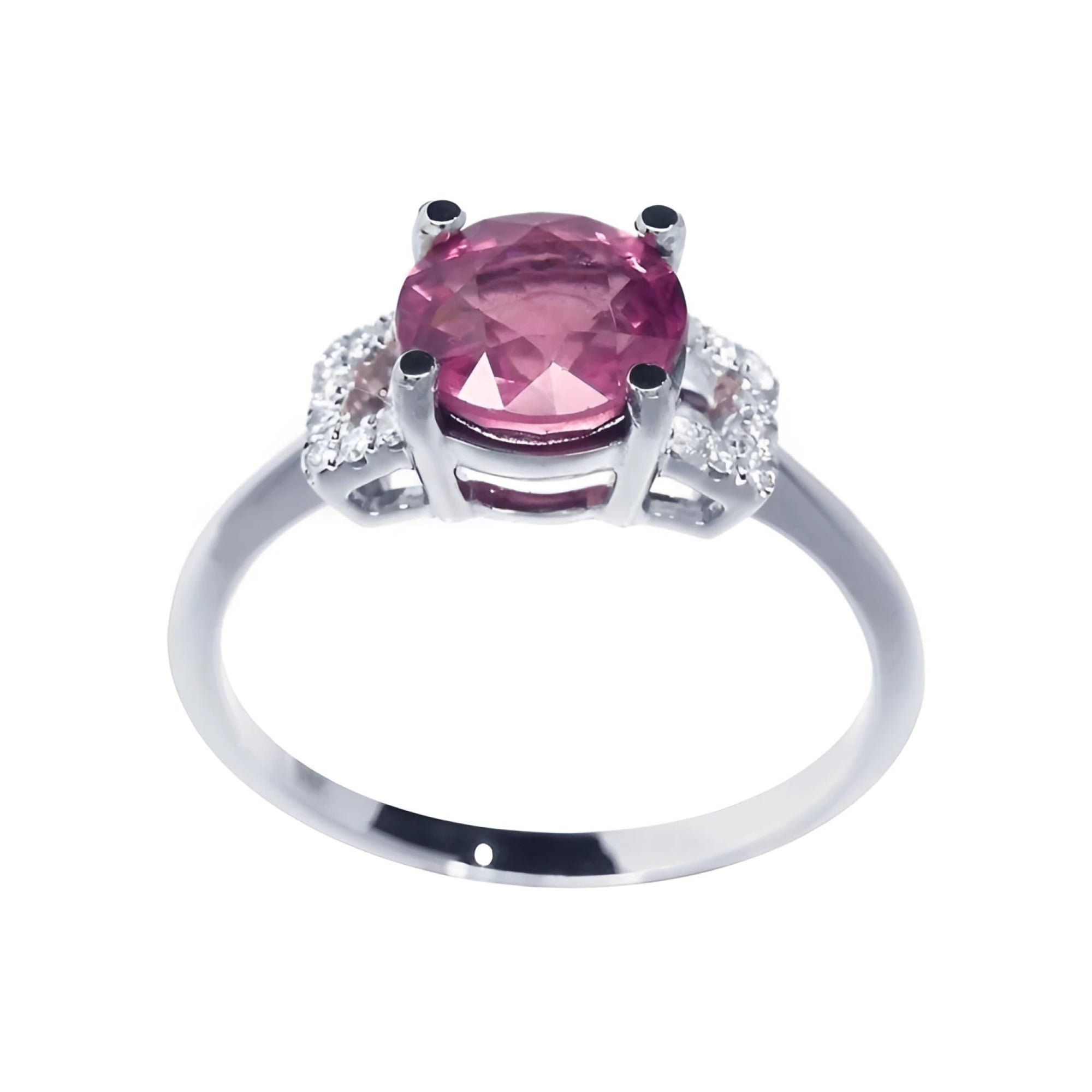Round cut pinkish-red ruby ring with accented diamonds, prong set in 14k white gold.