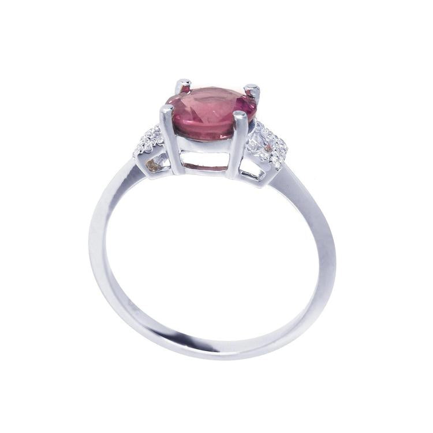 Round cut natural pinkish-red ruby ring with accented diamonds in 14k white gold.