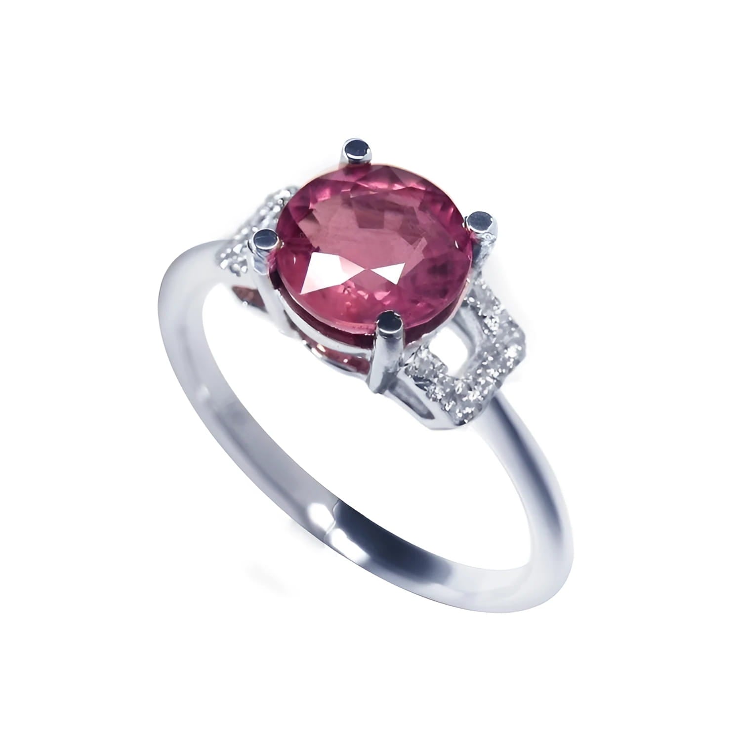 Round cut pinkish-red natural ruby ring with diamond accents set in 14k white gold.