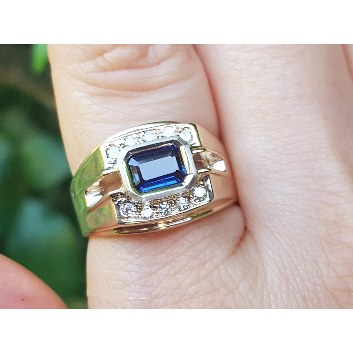 1.15 ct. Real Men&#39;s Sapphire Ring East West Style Rectangular Emerald-cut Bezel set and Natural 