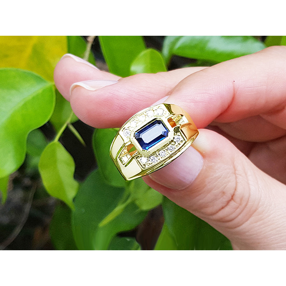 1.15 ct. Real Men&#39;s Sapphire Ring East West Style Rectangular Emerald-cut Bezel set and Natural 