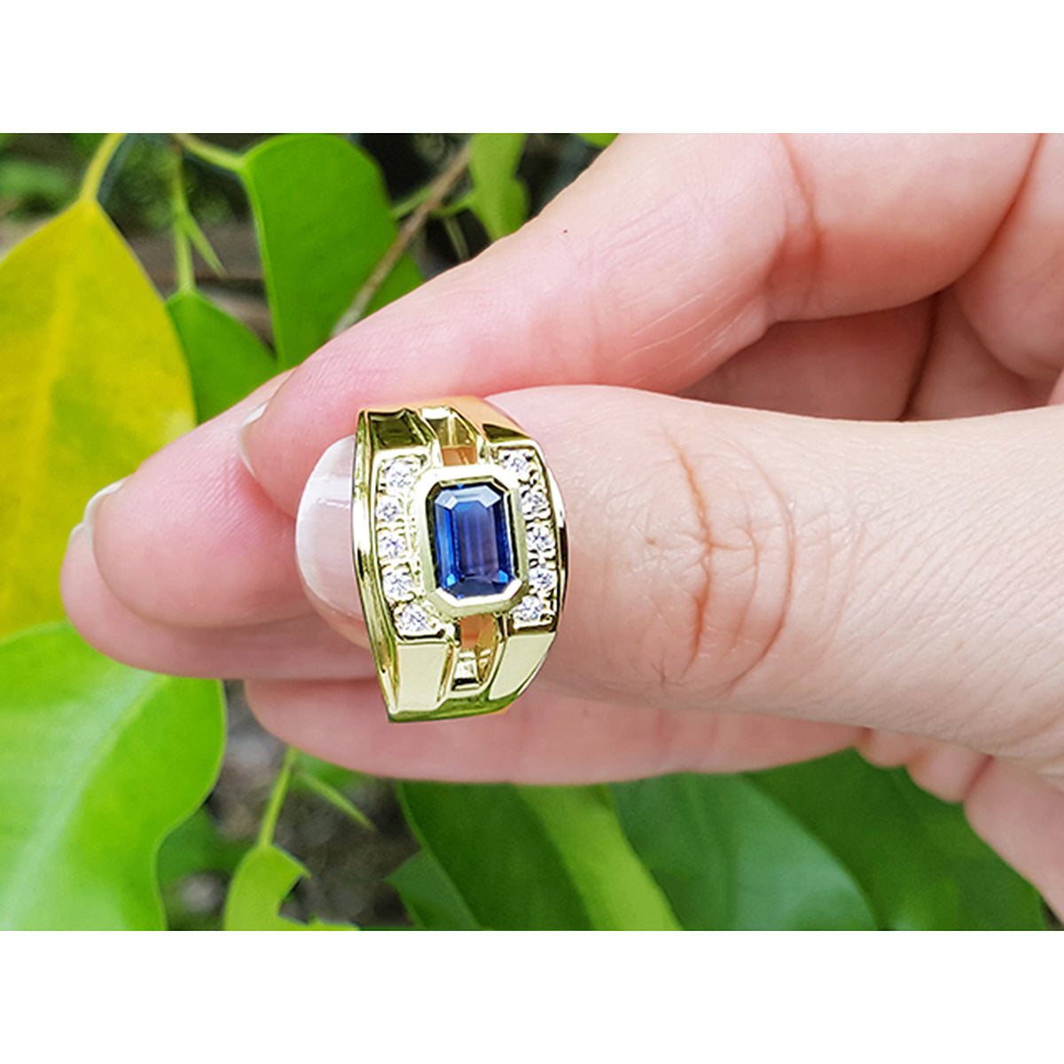1.15 ct. Real Men&#39;s Sapphire Ring East West Style Rectangular Emerald-cut Bezel set and Natural 