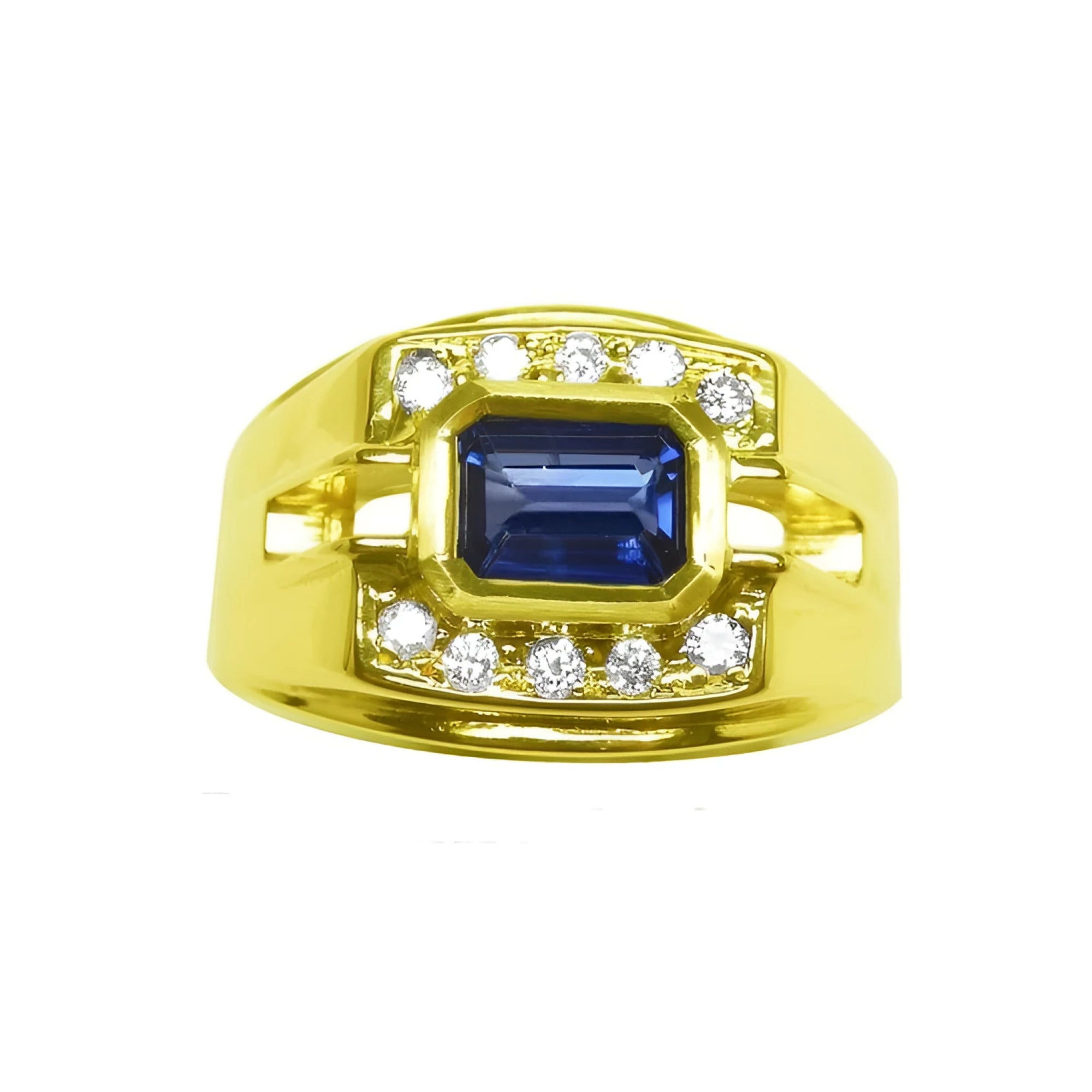 Men's sapphire ring east west emerald-cut bezel set 18k yellow gold, with a medium dark blue shade, bezel set in an east-west alignment.