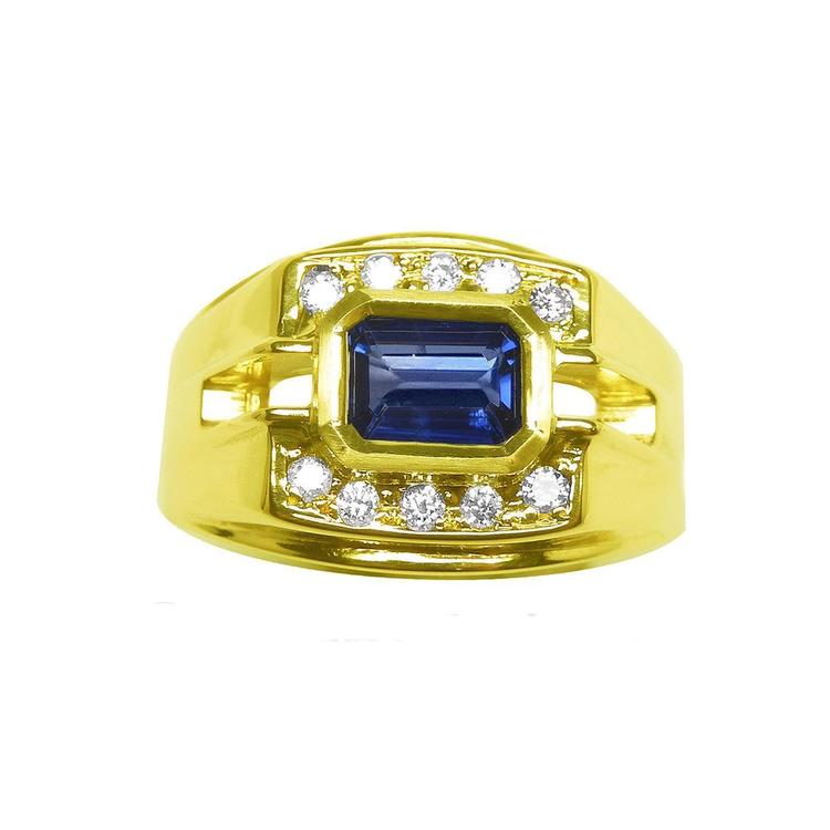 Men's sapphire ring east west emerald-cut bezel set 18k yellow gold, front top view