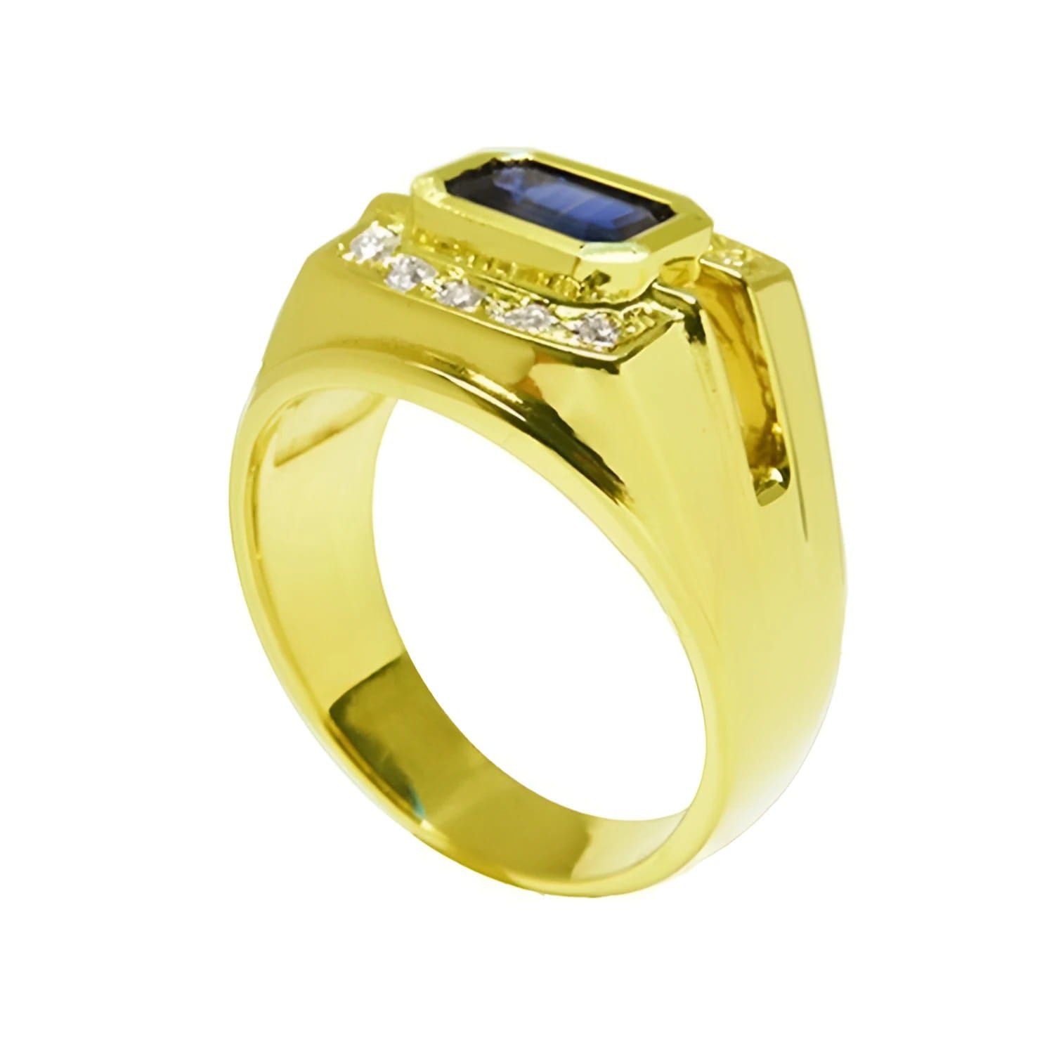 Men's 18K yellow gold ring with east-west bezel-set blue sapphire and diamond accents.