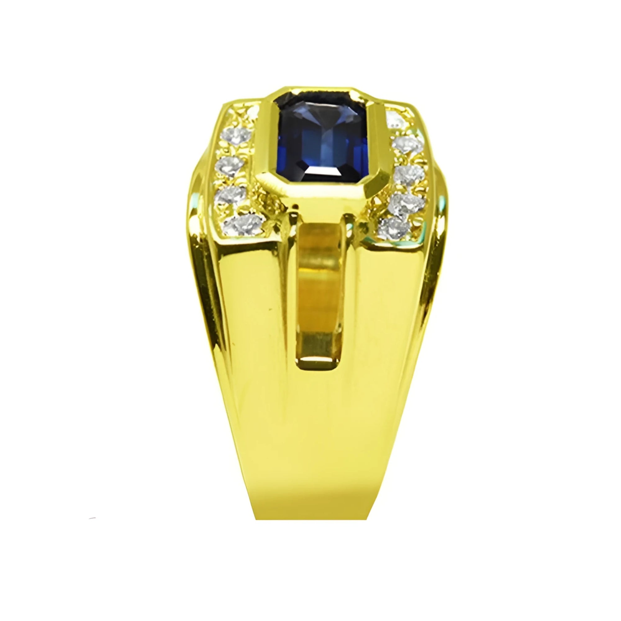 Men's 18K yellow gold ring with east-west bezel-set blue sapphire and diamond accents.