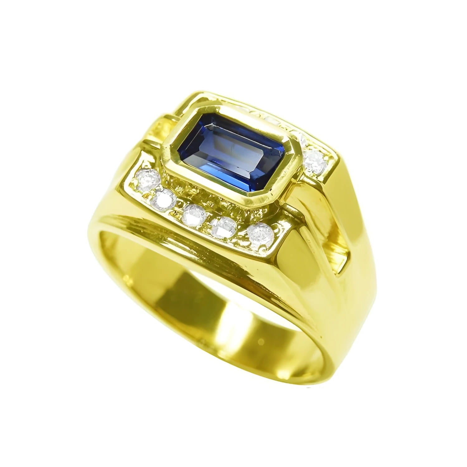 Men's 18K yellow gold ring with east-west bezel-set blue sapphire and diamond accents.