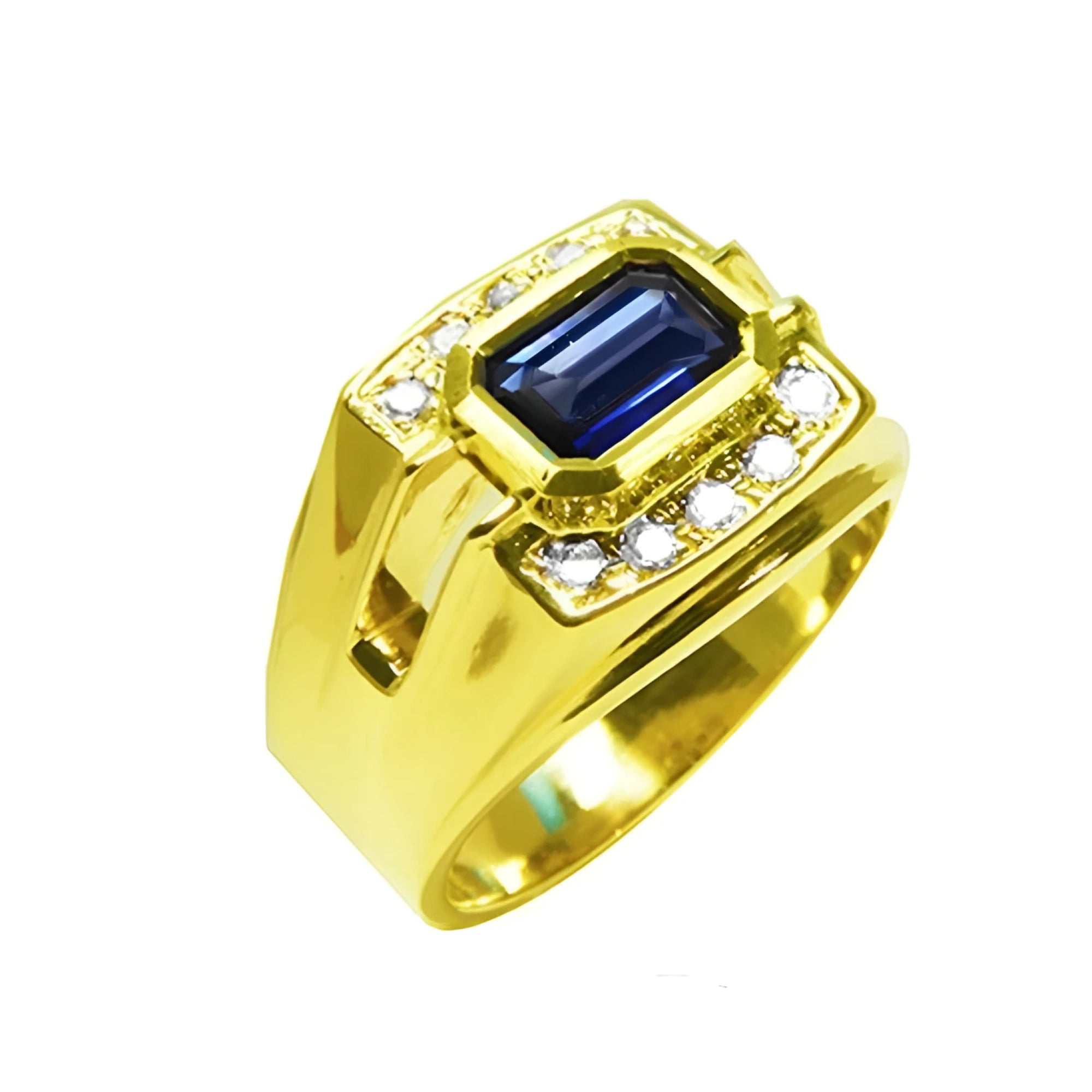 Men's 18K yellow gold ring with east-west bezel-set blue sapphire and diamond accents.
