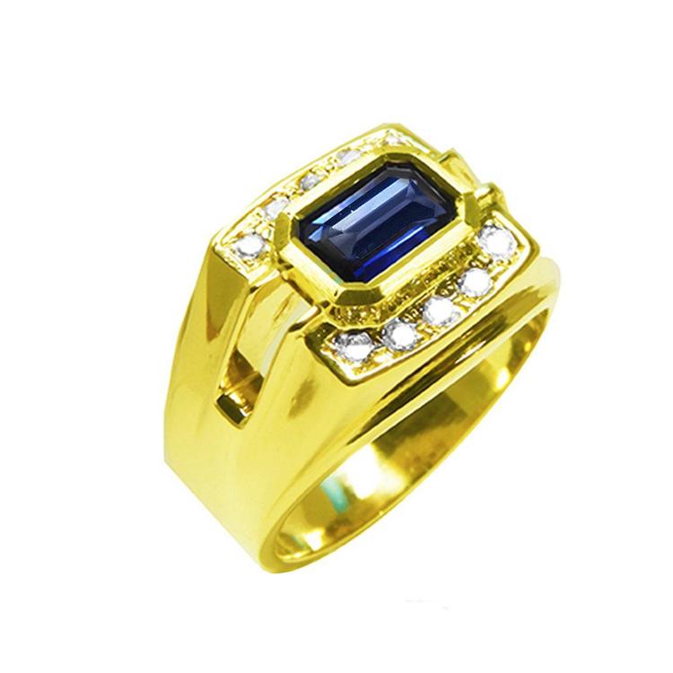 Men's 18K yellow gold ring with east-west bezel-set blue sapphire and diamond accents.