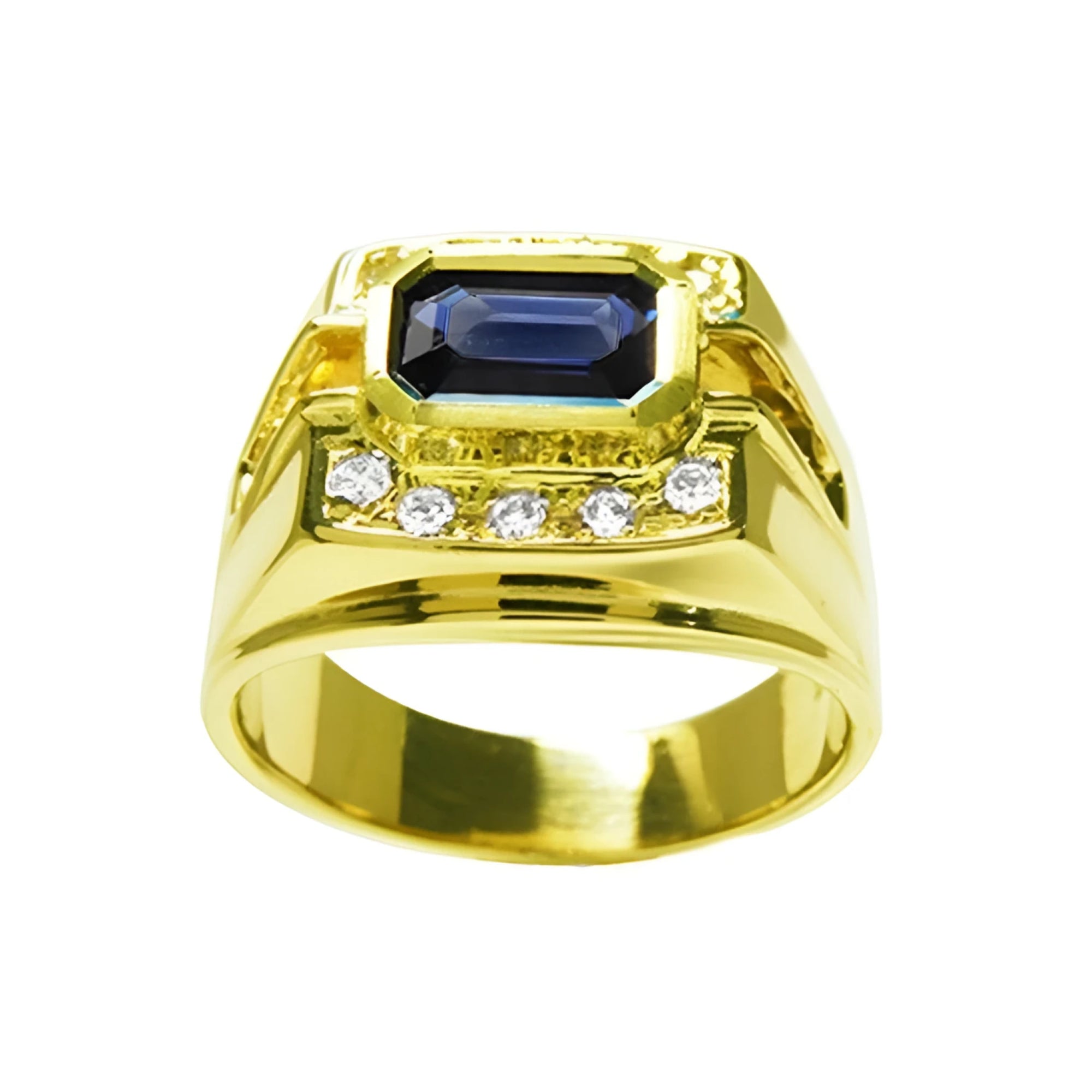 Men's 18K yellow gold ring with an east-west bezel-set dark blue sapphire and diamond accents.