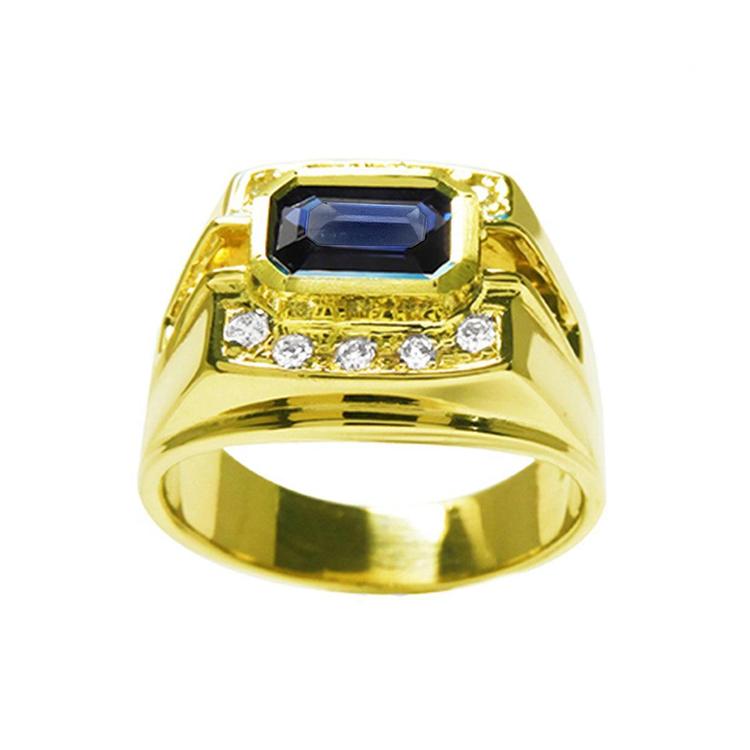 Men's sapphire ring east west emerald-cut bezel set 18k yellow gold, high top view