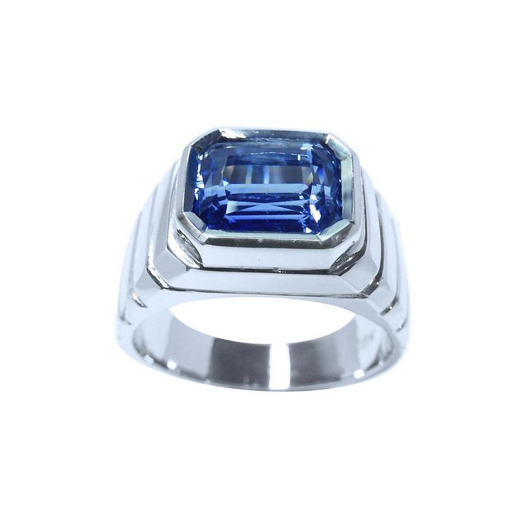 Blue sapphire ring for men emerald cut east west bezel set 18K white gold,