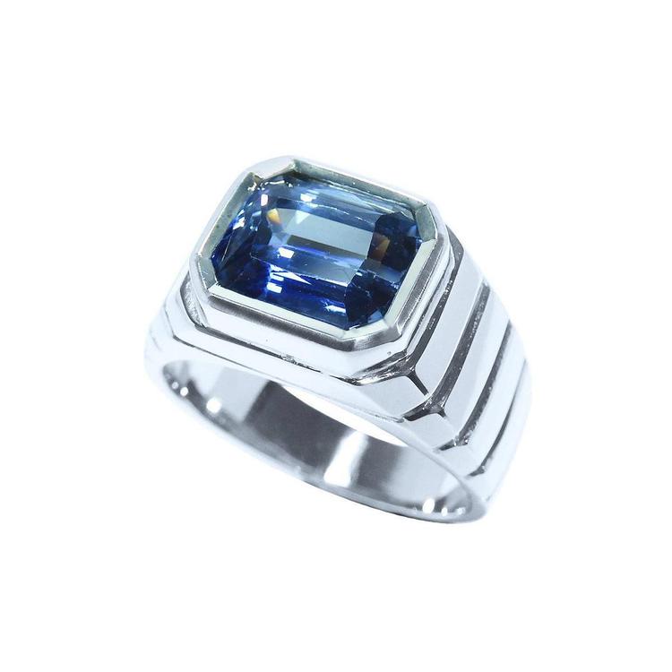 Blue sapphire ring for men emerald cut east west bezel set 18K white gold, half side low top view