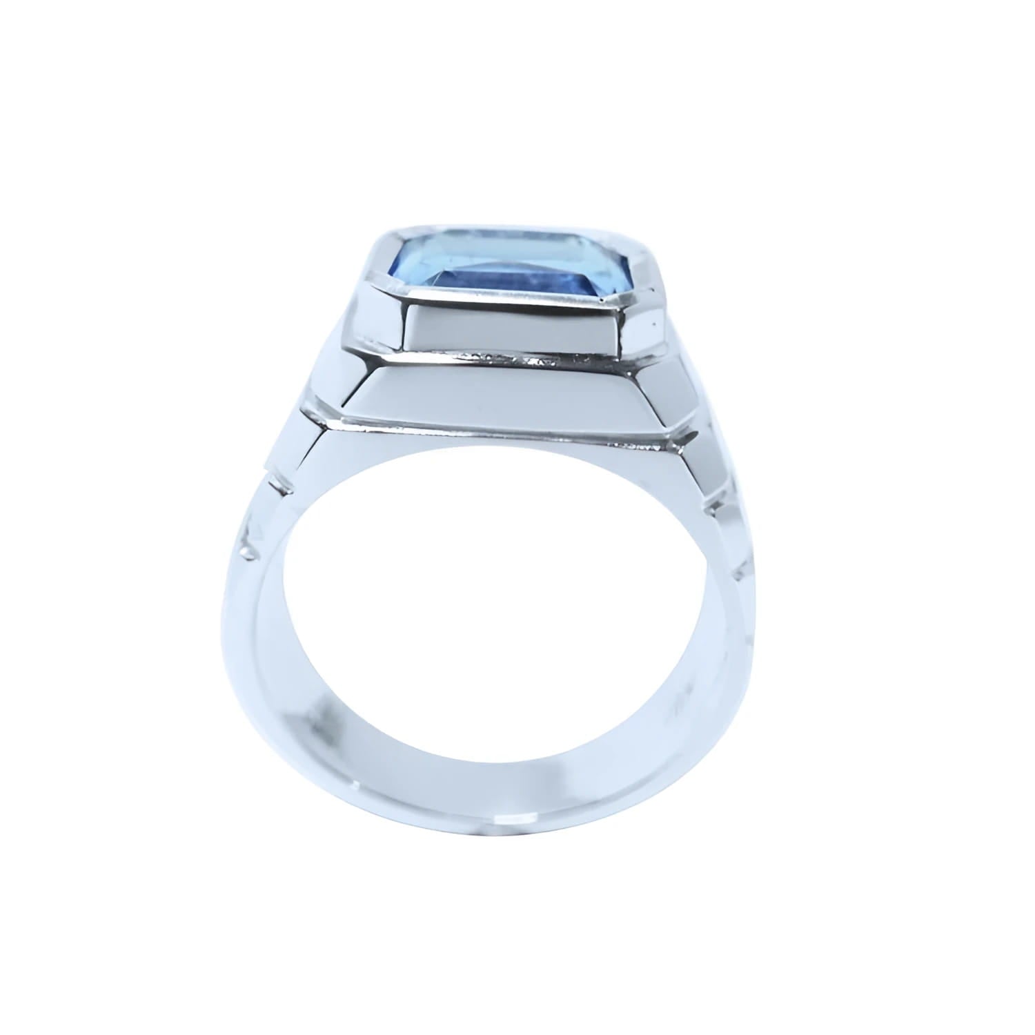 Men's 18K white gold ring with a 5.76 ct. emerald-cut blue sapphire in a bezel setting.